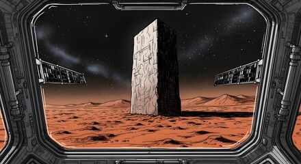 Spaceship viewport reveals a monolithic structure on a Martian-like desert planet.
