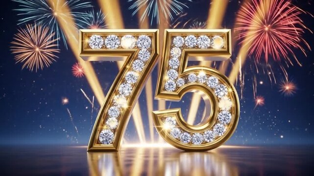 Celebrating 75 Years Anniversary Golden Number with Diamonds and Fireworks Background for Special Events and Jubilee