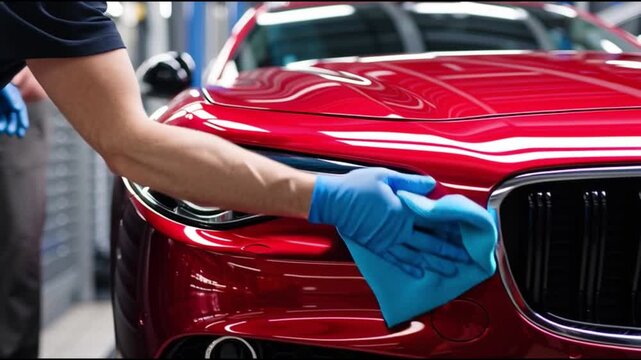 A person gently cleaning and polishing a vibrant red car with a microfiber cloth. The car is spotless and glistening, reflecting the surrounding light