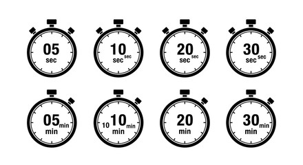 Illustration of a set of eight stopwatch icons showing different time intervals in seconds and minutes used for timing measurement and performance tracking isolated on transparent background