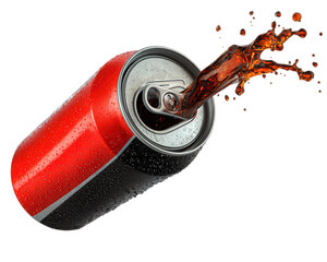 Red soda can aluminum beverage splash effect cold drink carbonated liquid condensation refreshing isolated 3D render dynamic motion