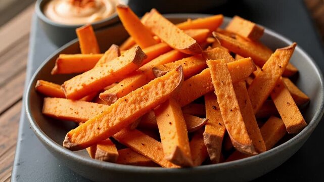 Indulge in crispy sweet potato fries with creamy chipotle mayo, a gourmet side dish delight, perfect for food blogs, restaurant menus and social posts.
