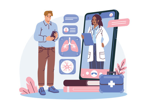 Man using tablet for digital healthcare with female doctor on video call, flat style, white background, concept of telemedicine and remote diagnosis. Vector illustration