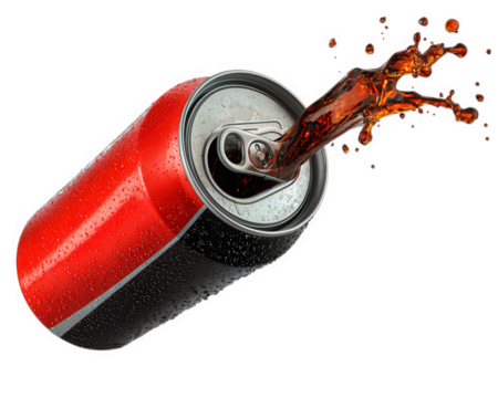 Red soda can aluminum beverage splash effect cold drink carbonated liquid condensation refreshing isolated 3D render dynamic motion