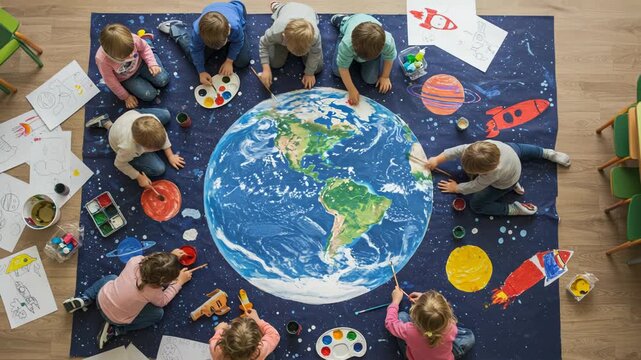 Young children are gathered on the floor, enthusiastically painting a large depiction of planet earth - Powered by Adobe