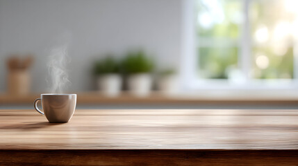 Steaming cup of coffee placed on a wooden table, with a softly blurred background featuring greenery and natural light, creating a warm and inviting atmosphere for relaxation