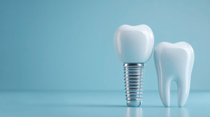 3D animation of dental implant and tooth on light blue background, minimalist style with copy space for text banner ad, high detail resolution, soft natural lighting