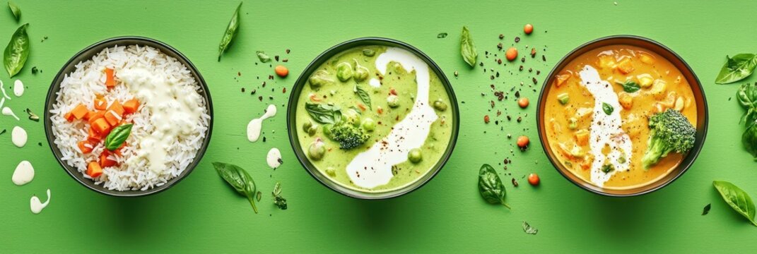Cutout of set of 3 coconut curry sauce, vegetables, and rice with sauce splashes adding creamy richness, isolated on green background