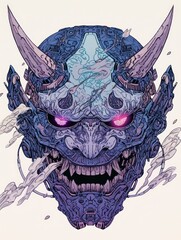 A drawing of a demon with horns and flowers on white