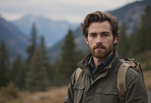 Environmental conservationist at a mountain preservation site, promoting nature