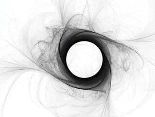 An abstract black and white fractal design featuring a central white circle surrounded by a swirling, smoky pattern that extends outward with delicate, intricate lines and tendrils.