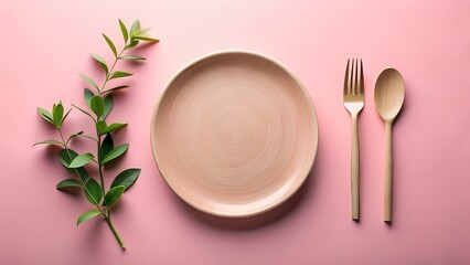 A pink plate with wooden cutlery and a green branch is elegantly arranged on a pink background