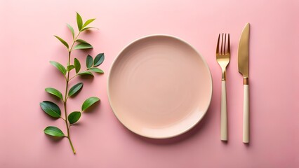 A simple yet elegant table setting includes a pink plate, gold cutlery, and a green branch on a pink background