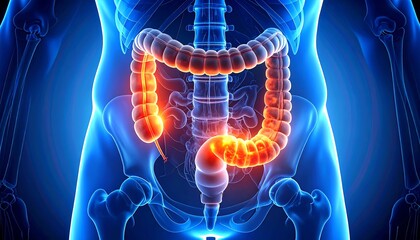 Human Colon Anatomy Visualization in Blue Tones Medical Illustration