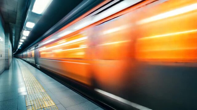 Orange train motion blur speeding through underground subway platform tunnel, dynamic transportation scene with fast moving urban transit, illuminated platform and vibrant motion blur effects