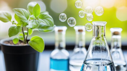 Biochemistry and Science in Nature: A fresh young plant stands beside scientific flasks and bubbling water, a visual metaphor for nature and scientific exploration.
