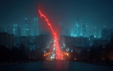 Aerial night shot over darkened city, illuminated with a red line, signifying a decline, over urban landscape and city lights.