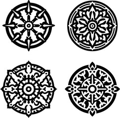 set of four black and white vector icon of the dharma wheel with 8 spokes, symbolizing buddhist path and balance