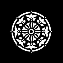 set of four black and white vector icon of the dharma wheel with 8 spokes, symbolizing buddhist path and balance
