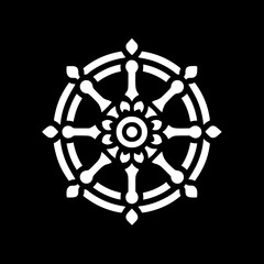 set of four black and white vector icon of the dharma wheel with 8 spokes, symbolizing buddhist path and balance
