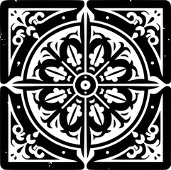 set of four black and white vector icon of the dharma wheel with 8 spokes, symbolizing buddhist path and balance