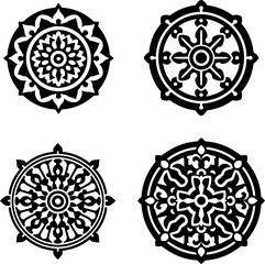 set of four black and white vector icon of the dharma wheel with 8 spokes, symbolizing buddhist path and balance