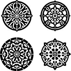 set of four black and white vector icon of the dharma wheel with 8 spokes, symbolizing buddhist path and balance