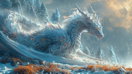 Winter season. The Legendary Winter Creatures . A scene of a dragon guarding its treasure hoard in a hidden cave, its watchful eyes and protective stance conveying its fierce loyalty.