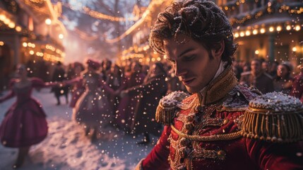 Winter season. The Legendary Winter Creatures . nutcracker prince leading a battle against an army of mice, his bravery and determination protecting the Sugar Plum Fairy and the kingdom of sweets