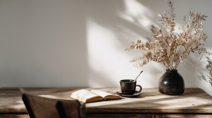 Sunlit desk with open book, dried plants, and coffee