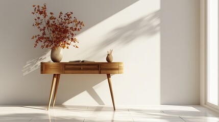 Modern, minimalist interior with wooden console table and autumnal decor. Sunlight streams in