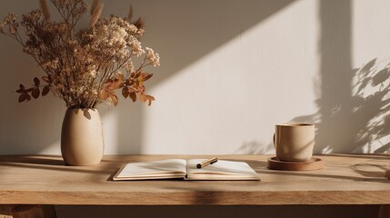 A minimalist workspace with dried flowers, a notebook, and a mug. Sunlight casts soft shadows