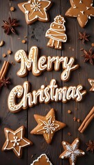 Festive flat lay of freshly baked gingerbread cookies spelling "Merry Christmas" on a rustic wooden table, decorated with white icing, cinnamon sticks, and star anise