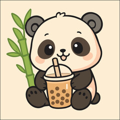 Cartoon panda bear holding a bubble tea with bamboo stalks on a beige background illustration art