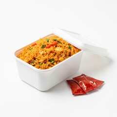 Fried rice in a takeout container with sauce packets