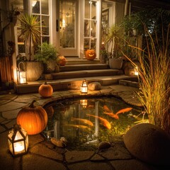 Nighttime patio with pumpkins, lanterns, and fish pond. Warm lighting