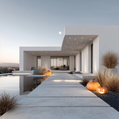 Modern white house exterior with pumpkins.  Outdoor space features a pool and walkway