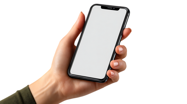 Hand holding a modern smartphone isolated on transparent background