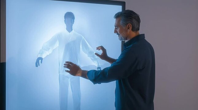 Man interacting with virtual fitting screen customizing digital clothes on holographic figure