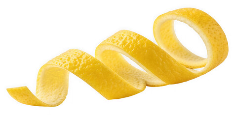 A bright yellow lemon peel twisted into a spiral shape isolated on transparent background