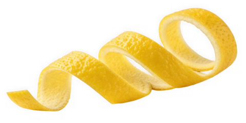 A bright yellow lemon peel twisted into a spiral shape isolated on transparent background