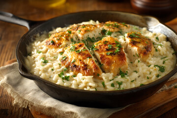 Savor delicious creamy chicken risotto with fresh parsley garnish in a cast iron skillet