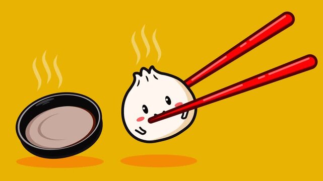 Cute animation dimsum vector illustration with chopsticks isolated on orange background