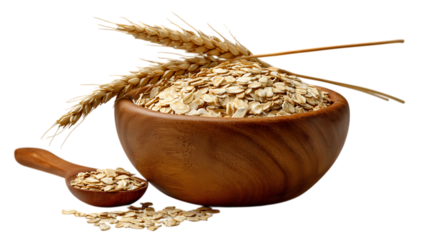 Wooden bowl filled with rolled oats and wheat stalks isolated on transparent background