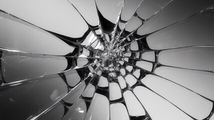 Cracked glass surface featuring intricate, radiating fracture lines in monochrome