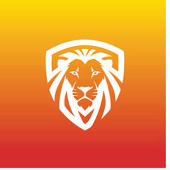 A powerful emblem of a lion's head inside a shield, designed with bold white lines on a gradient background. This heraldic logo represents strength, courage, protection, and leadership. 