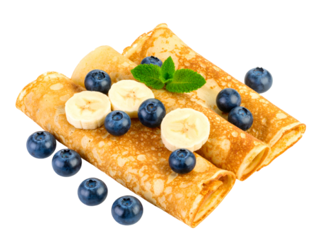 French crepes with banana and blueberries isolated on transparent png 