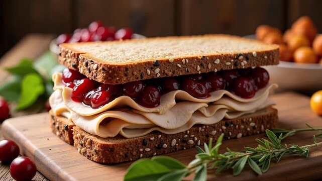 Savoring Holiday Flavors Fresh turkey and cranberry sandwich on multigrain bread Enjoy seasonal leftovers in stunning 4k video footage