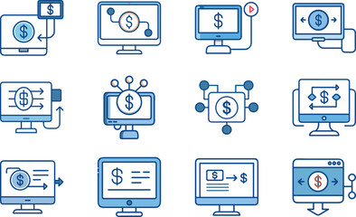 Illustrated collection of various computer screens depicting online financial transactions and dollar currency symbols.