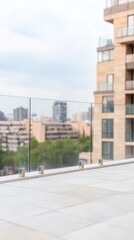 Obraz premium Modern Urban Balcony with Sleek Glass Railing Overlooking City Skyline. Contemporary Residential Architecture and Outdoor Living Space.